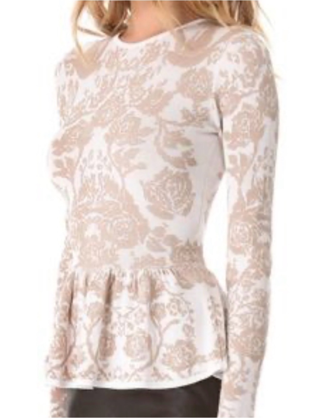 Torn by Ronny Kobo neutral jacquard floral pattern peplum knit sweater $275